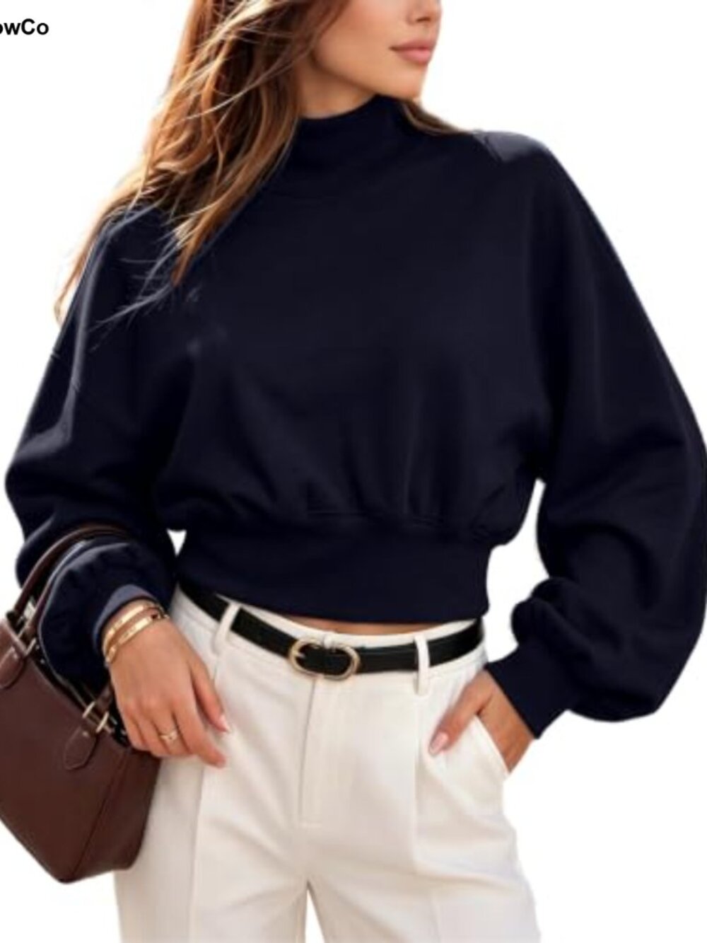 Womens Mock Neck Cropped Sweatshirt Modal Blend Brushed Fleece Pullover
